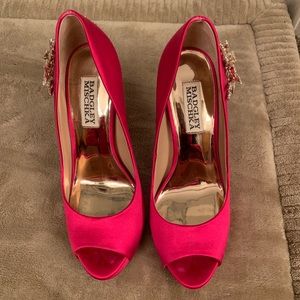 Magenta Badgley Mischka Jeweled Peep Toe Pumps